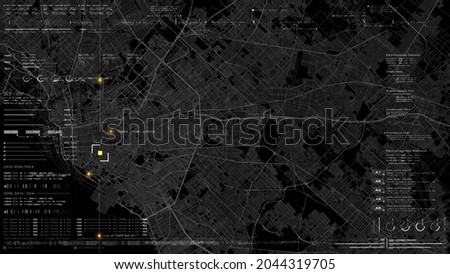 Futuristic HUD satellite view of traffic surveillance on a busy expressway junctions tracking and monitoring highway traffic for possible target vehicle Foto stock © 