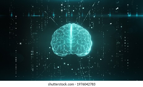 Futuristic Human Brain Interface Concept. Human Brain And Plexus Structure Revolving With Skull Scan And Digits Orbiting Around. Deep Learning, AI And Modern Technology 3D Render