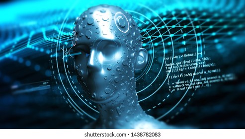 Futuristic Humanoid Robot Analyzing Hud Data - Technology Related 3D Illustration Render Concept