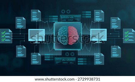 A futuristic illustration of AI brain processing data with multiple displays and files, showcasing advanced technology and innovation.