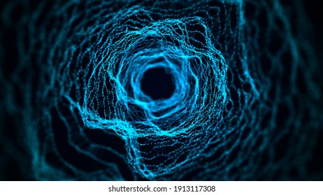 Futuristic infinite space background. Concept of data transfer in cyberspace. cyber tunnel consisting of moving glowing points. universe with stardust. Hi-tech illustration. 3d rendering.