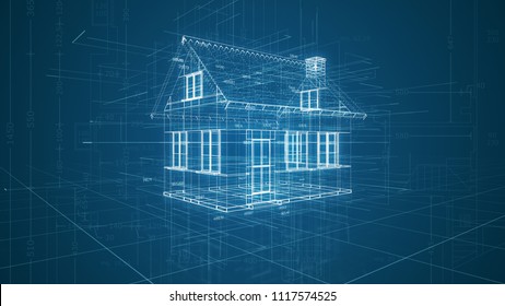 Futuristic Interface Of A Cad Software, House Wireframe Model (3d Render)