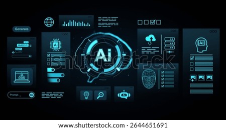 Futuristic interface with glowing AI icons, data charts, chatbots, servers, and neural visuals in holographic graphic style on dark background, concept of AI systems, 3D Rendering