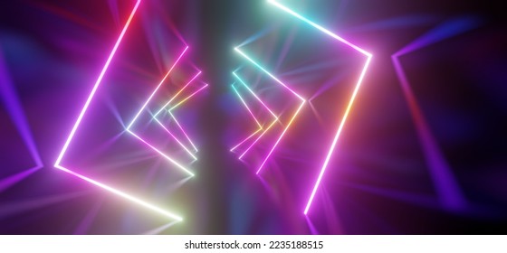 Futuristic interior background geometric design of lasers glowing colorful neon 3d render