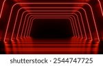 Futuristic interior background red lights glowing in black tunnel 3d render