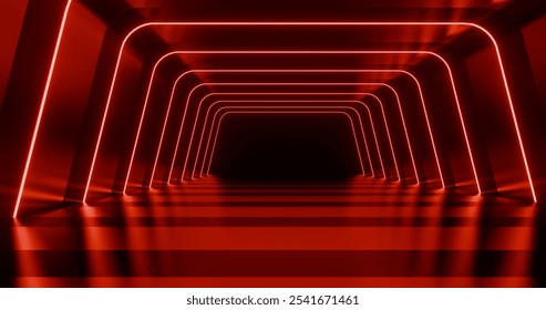 Futuristic interior background red lights glowing in black tunnel 3d render