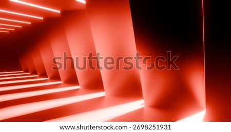 Futuristic interior background red lights glowing in black tunnel 3d render