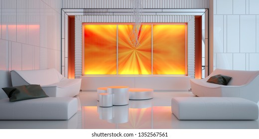 Futuristic Interior Design. Comfortable Living Room In White Tones. Leather Furniture. 3D Illustration