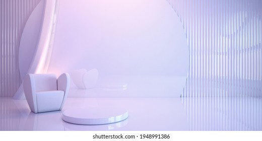 Futuristic Interior Design. Panorama Of The Living Room. Technologies Made Of Plastic. 3D Illustration