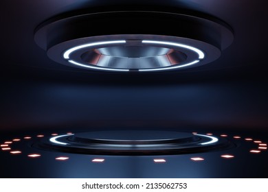 Futuristic Interior With Empty Podium.Empty Dark Blue Studio Room Futuristic Sci Fi.3d Rendering