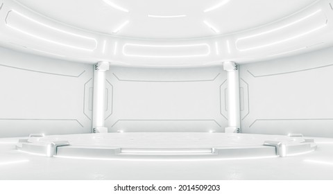 Futuristic Interior With Empty Stage. Modern Future Background. Technology Sci-fi Hi Tech Concept. 3d Rendering