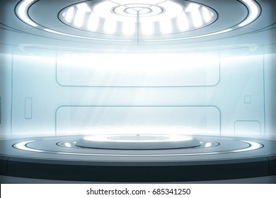 Futuristic Interior With Empty Stage. Modern Future Background. Technology Sci-fi Hi Tech Concept. 3d Rendering