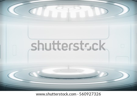 Futuristic interior with empty stage. Modern Future background. Technology Sci-fi hi tech concept. 3d rendering