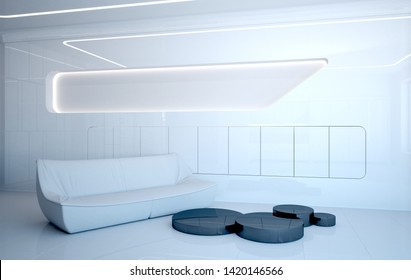 Futuristic Interior Of The Living Room. Minimalist Interior Design In White Color. 3D Illustration