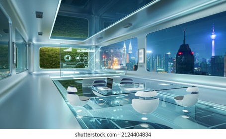 Futuristic Interior Office Design With Green Wall Plant And Beautiful Night Scene Cityscape View. 3d Rendering