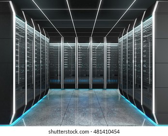 Futuristic Interior Of Server Room In Data Center. Concept Of Quantum Super Computer With Artificial Intelligence. 3D Illustration. 