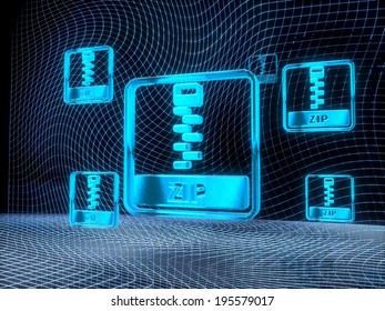 futuristic internet 3d rendering of a zip file sign constructed out of electronic faces in cyber space. A sign zip file builds up in the middle of the scene surrounded by digital data network 