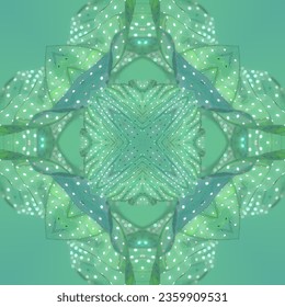 Futuristic kaleidoscopic pattern of strips of transparent plastic with glittery polka dot pattern on background with bright green gradient. Modern design. 3d rendering digital illustration