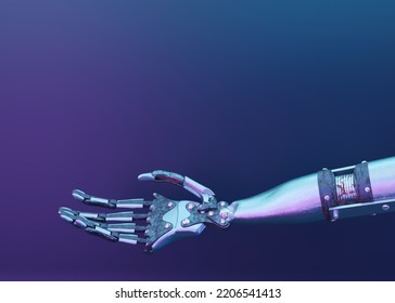 Futuristic layout with robot arm and copy space for your text. Artificial intelligence, digital technology. Digital smart world metaverse. Template with free space. Humanoide, cyborg. 3D Illustration - Shutterstock ID 2206541413