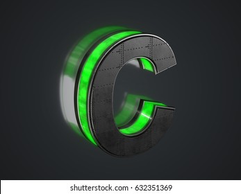 Futuristic letter C - black metallic extruded letter with green light outline glowing in the dark - 3D render - Shutterstock ID 632351369