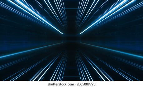 Futuristic Light Tunnel. Long Spaceship Corridor Interior View. Future Sci-fi Background Concept. 3D Rendering.