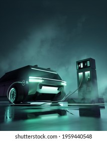 Futuristic Looking Electric Car And Charging Station. E-car And Substainable Green Energy And Transport Concept. 3D Illustration.