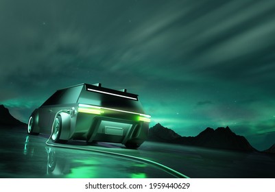 A Futuristic Looking Green Powered Electric Car Charging Up At Night. E-car Transport And Substainable Energy Concept. 3D Illustration