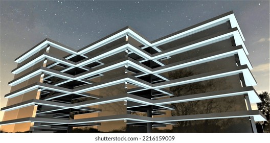 Futuristic Low-rise Office. View From Below On The Background Of The Night Starry Sky. Clear Curves Of Straight Lines Of Exterior Illumination. 3d Rendering.