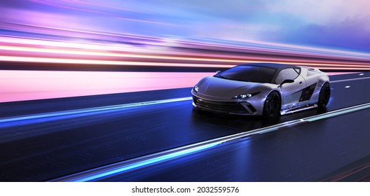 Futuristic Luxury Car In Motion (non Existent Car Design, Full Generic) - 3d Illustration, 3d Render