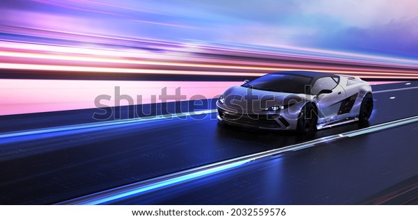 Futuristic luxury car in motion\
(non existent car design, full generic) - 3d illustration, 3d\
render