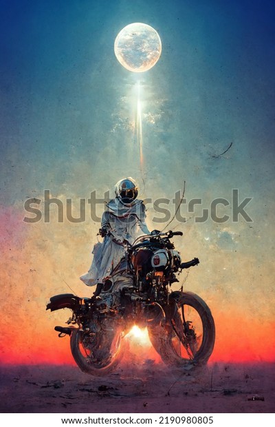 Futuristic\
man rides motorcycle on the another\
planet.