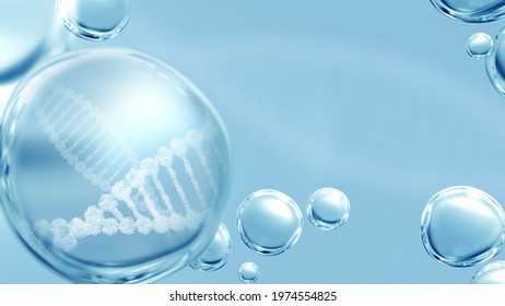 Futuristic medical healthcare and stem cell 3d illustration concept. Helix in clear bubble on blue background. Purity of genetic vaccine antivirus mRNA engineering, clean health and beauty cosmetics.