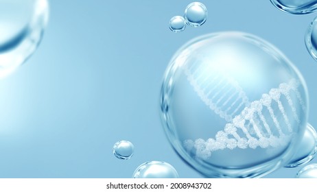 Futuristic medical healthcare and stem cell 3d illustration concept. Helix in clear bubble on blue background. Purity of genetic vaccine antivirus mRNA engineering, clean health and beauty cosmetics.