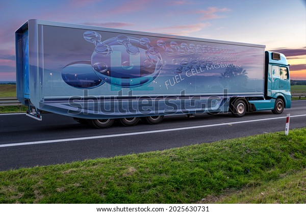 Futuristic Mercedes truck with hydrogen\
cells driving highway at .3D\
illustration.