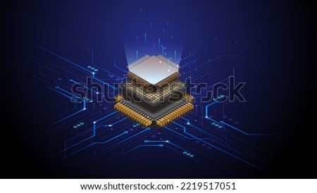 Futuristic microchip, data exchange and collection, smart new microchip concept. Quantum computer, large data processing, database concept. CPU isometric banner. Central Computer Processors. 3D Render
