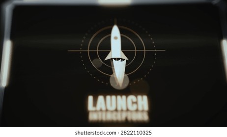 Futuristic military interface showing launch interceptor missile command