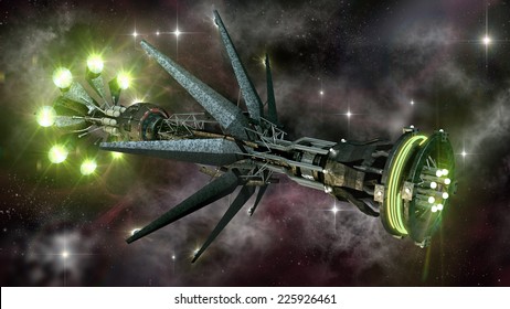 Futuristic Military Spacecraft In The Initiating State Of A Warp Drive,  On A Galactic Star Field, For Alien Fantasy Games Or Science Fiction Backgrounds Of Interstellar Deep Space Travel