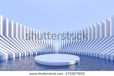 A futuristic minimal open-air structure featuring geometric vertical pillars bending inward around a reflective water surface, with a smooth round podium centered under clear blue sky, creating a sere