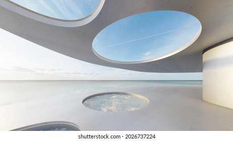 Futuristic Minimalist Architecture And Beautiful Seascape 3d Render