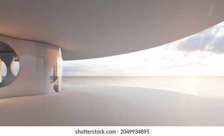 Futuristic Minimalist Architecture And Beautiful Seascape Sunset 3d Render