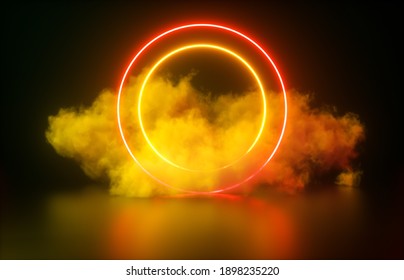 Futuristic Modern empty stage. Reflective dark room with glowing neon circle shape and cloud. 3d render.