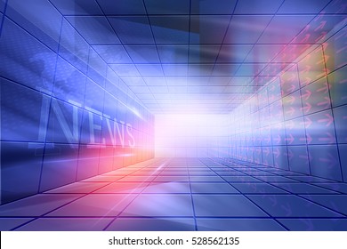 Futuristic, Modern, High Tech  Enclosed News Studio Background, News Text In Perspective Wall.