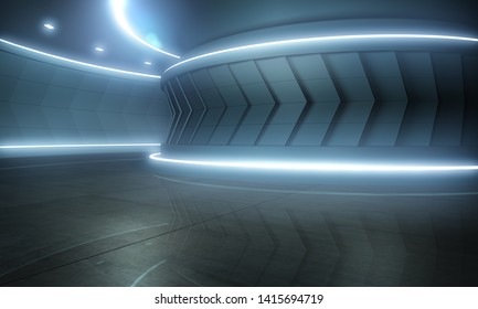 Futuristic Modern Sci Fi Dark Empty Spaceship Tunnel With Blue White Glowing Lights Technology Concept 3D Rendering.