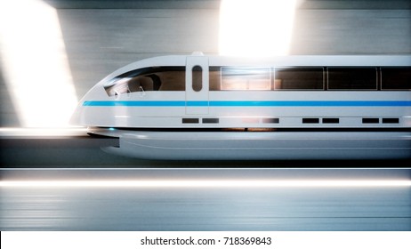 Futuristic Modern Train, Monorail Fast Driving In Sci Fi Tunnel, Coridor. Concept Of Future. 3d Rendering.