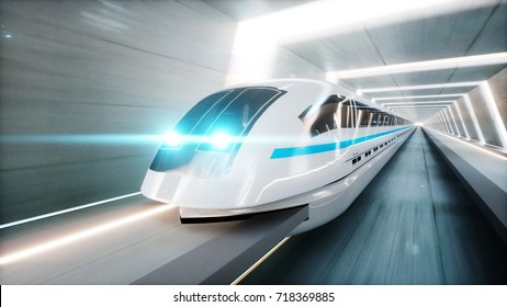 Futuristic Modern Train, Monorail Fast Driving In Sci Fi Tunnel, Coridor. Concept Of Future. 3d Rendering.