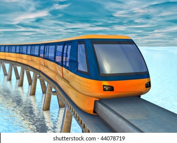 Futuristic Monorail Train On A Background Of Sea And Sky.