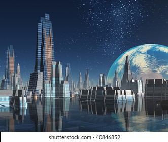 Futuristic Moon Base City On Alien World