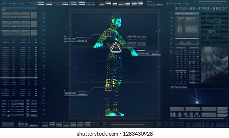 Futuristic Motion Element User Interface Information Technology Virtual Biomedical Holographic Human Body Scan Diagnostic With Data And Telemetry Head Up Display For Background Computer Desktop Screen