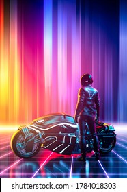 Futuristic Motorbike On A Vibrant Colorful Retrowave Cyberpunk Landscape With A Grid Pattern In The Cyberspace - Vertical Version - Concept Art - 3D Rendering 