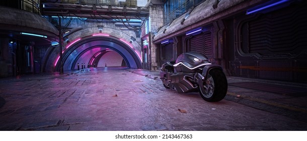 Futuristic motorbike in a seedy dystopian downtown city street. Cinematic view cyberpunk concept 3D rendering.